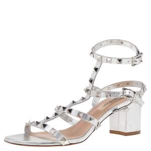 Pre Owned Valentino Metallic Silver Leather Rockstud Ankle Strap Block Heel Sandals Size 37.5