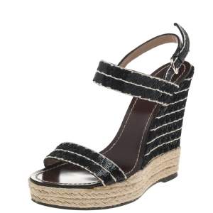 Pre Owned Valentino Black Sequins Ankle Strap Espadrille Wedge Sandals Size 39