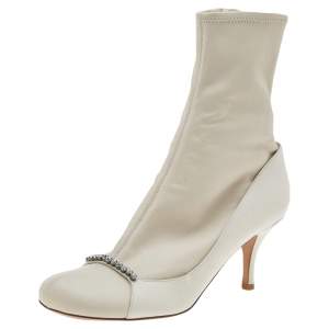 Pre Owned Valentino White Leather Embellished Ankle Length Boots Size 39