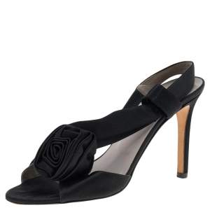 مملوكة مسبقًا Valentino Black Satin Floral Detail Sandals Size 38
