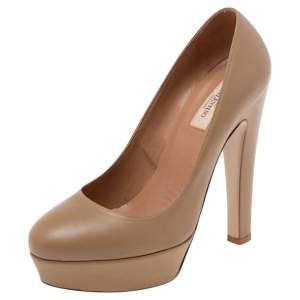 Pre Owned Valentino Beige Leather Platform Pumps Size 40 