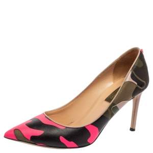 Pre Owned Valentino Tri-Color Camouflage Leather and Canvas Pointed-Toe Pumps Size 37.5