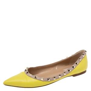 Pre Owned Valentino Lime Yellow Leather Rockstud Ballet Flats Size 38.5
