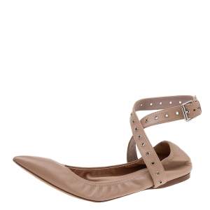 Pre Owned Valentino Beige Leather Love Latch Pointed Toe Ballet Flats Size 38