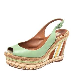Pre Owned Valentino Green Leather Slingback Wedge Sandals Size 39.5