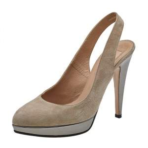 Pre Owned Valentino Dark Beige/Grey Suede and Leather Slingback Platform Sandals Size 38