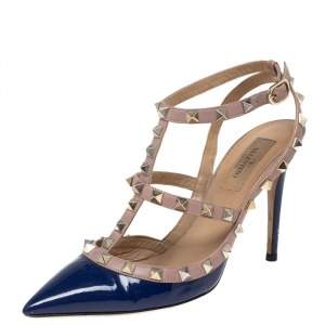 مملوكة مسبقًا حذاء كعب عالي فالنتينو جلد لامع أزرق/وردي سير كاحل مقاس 37