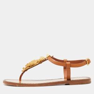 Pre Owned Valentino Brown Leather Scarab Thong Flat Sandals Size 36.5