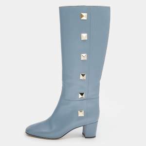 مملوكة مسبقًا Valentino Blue Leather Rockstud Knee Length Boots Size 39