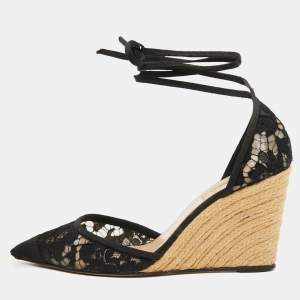 مملوكة مسبقًا Valentino Black Lace And Mesh Espadrille Wedge Sandals Size 39