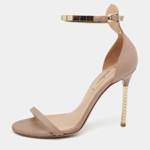 Pre Owned Valentino Beige Leather Embellished Ankle Strap Sandals Size 37