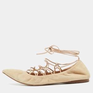 Valentino Beige Suede Pointed Toe Ankle Wrap Ballet Flats Size 38