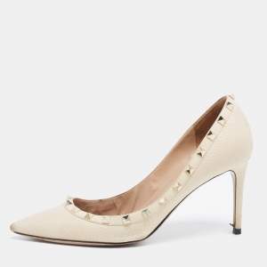Pre Owned Valentino Cream Leather Rockstud Pumps Size 40.5