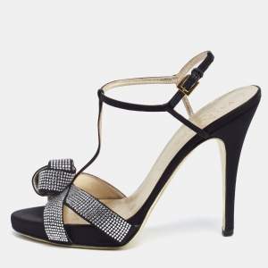 Pre Owned Valentino Black Satin Crystal Embellished Knotted Ankle Wrap Sandals Size 40