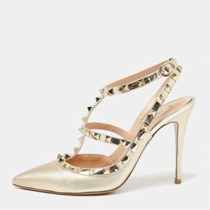 Pre Owned صندل فالنتينو روكستد جلد ذهبي بحزام كاحل مقاس 39