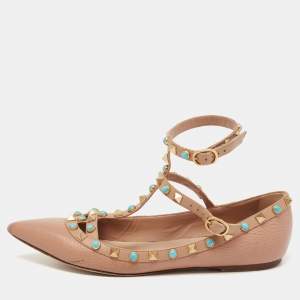 Pre Owned Valentino Beige Leather Rolling Rockstud T-Strap Ballet Flats Size 37.5