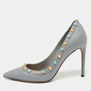 Valentino Grey Leather Rolling Rockstud Pointed Toe  Pumps Size 36.5