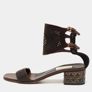 Valentino Brown Leather Studded Buckle Ankle Strap  Sandals Size 38