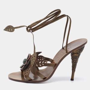Pre Owned Valentino Olive Green Leather Leaf Applique Ankle-Tie Sandals Size 39