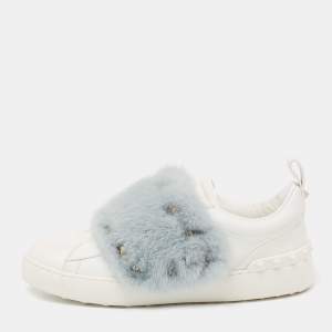 Valentino White/Blue Leather And Mink Fur Rockstud Low Top Sneakers Size 40