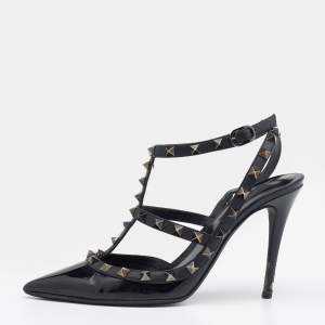 Valentino Black Patent Leather and Leather Rockstud Ankle Strap Pumps Size 37.5