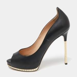 Pre Owned Valentino Black Leather Studded Heel and Platform Peep-Toe Pumps Size 37.5