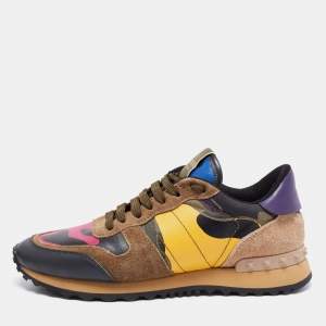 Pre Owned Valentino Multicolor Suede, Camo Print Leather and Canvas Rockrunner Sneakers Size 38