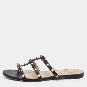 Pre Owned Valentino Black Leather Rockstud Flat Slides Size 38