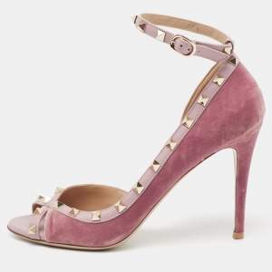 Pre Owned Valentino Two-Tone Velvet and Leather Rockstud Open-Toe Ankle-Strap Pumps Size 39.5