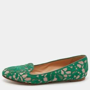 Pre Owned Valentino Green/Beige Lace And Leather Smoking Slippers Size 38.5 