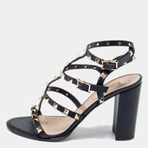Pre Owned Valentino Black Leather Rockstud Ankle Strap Sandals 38