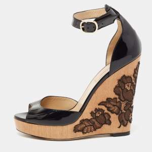 Pre Owned Valentino Black Patent Leather Ankle Strap Wedge Sandals Size 37