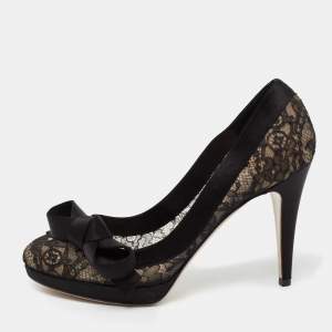 Pre Owned Valentino Black Lace And Satin Bow Round Toe Platform Pumps Size 39