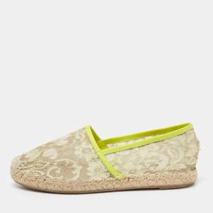 Pre Owned Valentino Neon Yellow Lace Flat Espadrilles Size 36