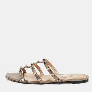 Pre Owned Valentino Metallic Bronze Leather Rockstud Flat Sandals Size 40