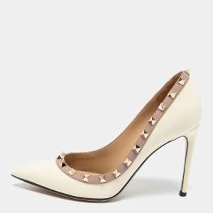 Pre Owned Valentino Cream Patent Leather Rockstud Pointed Toe Pumps Size 37.5
