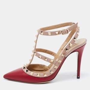 Pre Owned Valentino Burgundy/Pink Leather Rockstud Ankle-Strap Pumps Size 37