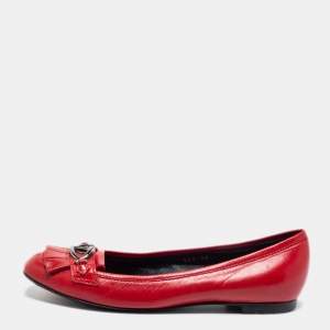 Pre Owned Valentino Red Leather Fringe Logo Buckle Ballet Flats Size 36.5