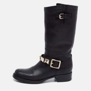 مملوكة مسبقًا Valentino Black Leather Studded Buckle  Midcalf Boots Size 39