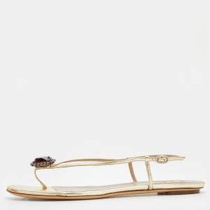 Pre Owned Valentino Metallic Gold Leather Embellished Flat Sandals Size 40.5