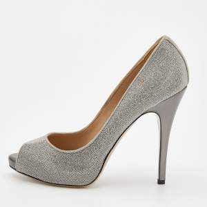 Pre Owned Valentino Metallic Silver Studded Suede Peep Toe Pumps Size 40