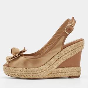 Pre Owned Valentino Beige Fabric And Leather Flower Platform Espadrille Wedge Slingback Sandals Size 36.5
