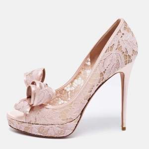 Pre Owned Valentino Pink Floral Lace And Satin Bow Peep Toe Platform Pumps Size 39
