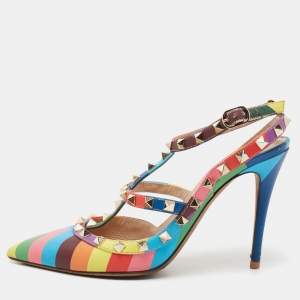 Pre Owned Valentino Multicolor Leather Rockstud Ankle-Strap Pumps Size 38.5