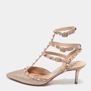 Pre Owned Valentino Rose Gold Leather Rockstud Ankle-Strap Pumps Size 37.5