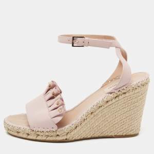 Pre Owned Valentino Light Pink Leather Studded Ruffle-Trimmed Espadrille Wedge Sandals Size 40