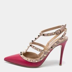 Pre Owned Valentino Burgundy/Pink Leather Rockstud Ankle Strap Pumps Size 38