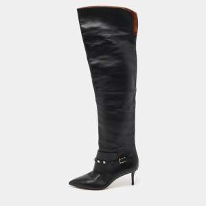 مملوكة مسبقًا Valentino Black Leather Rockstud Over The Knee Boots Size 38
