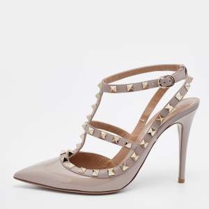 Pre Owned Valentino Beige Patent Leather Rockstud Ankle Strap Sandals Size 38.5