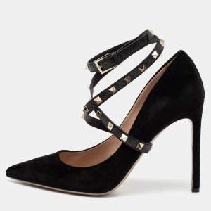 Pre Owned حذاء كعب عالي فالنتينو جلد وفطيفة أسود روكستد بحزام للكاحل ومقدمة مدببة مقاس 41